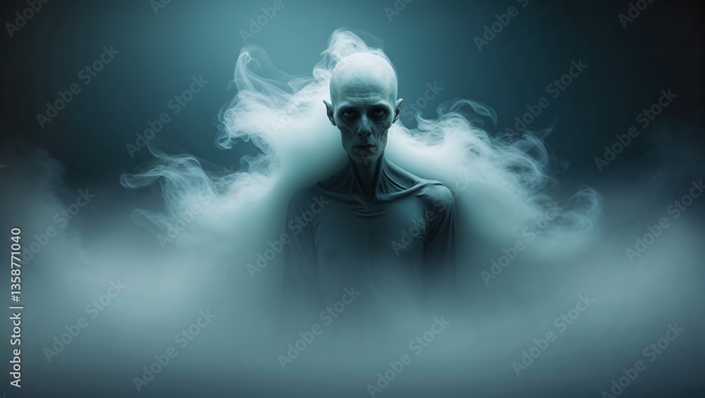 Poster mysterious figure shrouded in fog with ethereal appearance in dimly lit environment