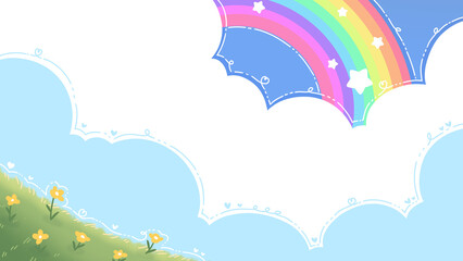 Background image of a bright sky, green grass, rainbow, stars and golden yellow flowers.