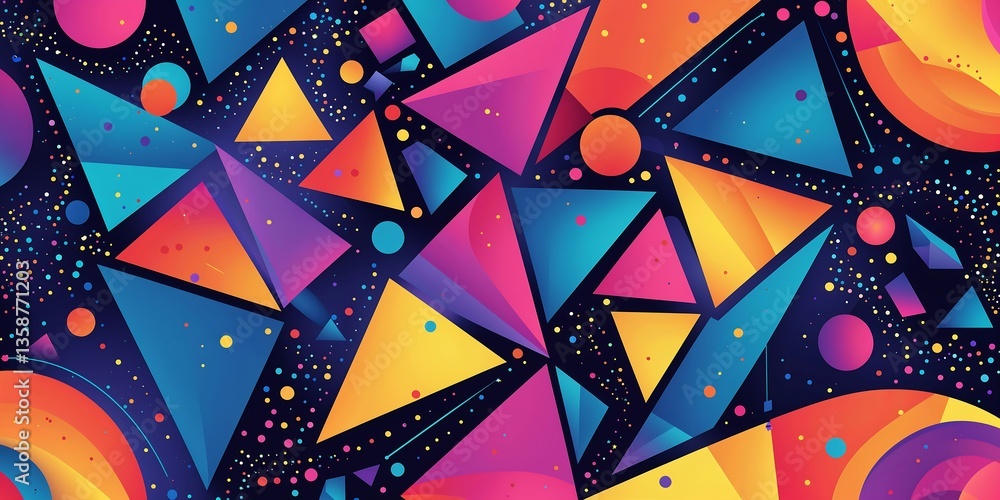 Poster a vibrant, futuristic abstract vector background filled with dynamic geometric shapes, including tri