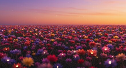 Magical Sunset Glowing Flower Field Serene Nature Scene Vibrant Blooms