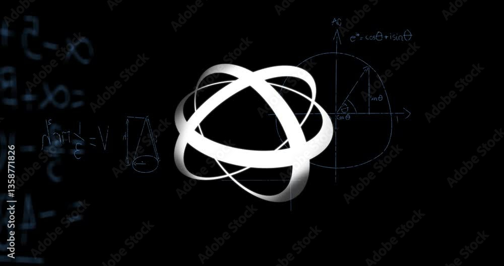 Poster atomic symbol with animation over mathematical diagrams on black school background