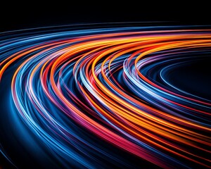 Curved colorful light trails creating abstract motion against dark background