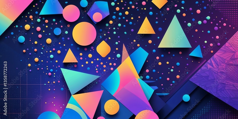 Poster a vibrant, futuristic abstract vector background filled with dynamic geometric shapes, including tri