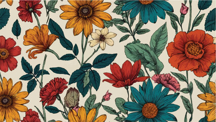 Seamless Floral Pattern with Flowers and Leaves in a Beautiful Nature Design