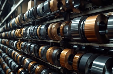 Organized Metal Coils on Industrial Storage Shelves
