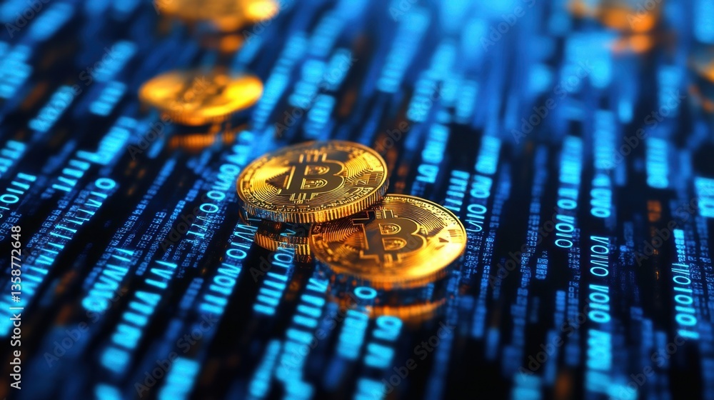 Fototapete Shimmering digital gold coins immersed in cascading blue binary code, blockchain-inspired
