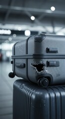 Damaged suitcase at airport terminal highlighting travel mishaps and luggage challenges