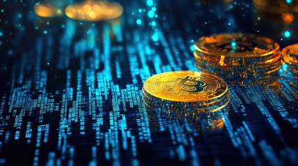 Shimmering digital gold coins immersed in cascading blue binary code, blockchain-inspired