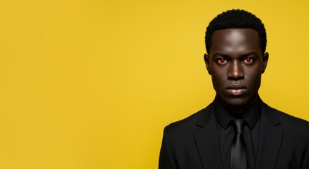 Fototapeta premium Confident young man with intense gaze in black suit against yellow background