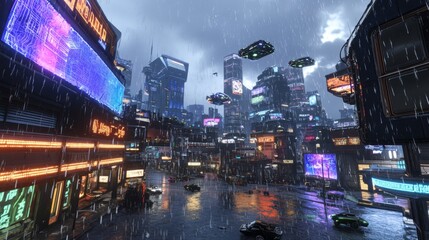 Obraz premium 3D rendered neon-lit cityscape, skyscrapers with holographic displays, light reflections glimmering on rain-soaked streets, flying vehicles in the distance, dynamic color palette of blues, purples,