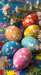 Fototapeta premium Colorful Easter eggs on a colorful background, Easter theme, Easter decorations, Easter flowers, Easter eggs, Easter decoration, Easter background, Easter color palette, Easter wallpaper,