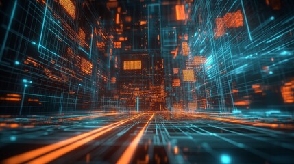 Striking retro-futuristic album cover design, featuring a sprawling wireframe landscape against a glowing neon-infused backdrop, with bold data visualizations and cyberpunk-inspired geometric