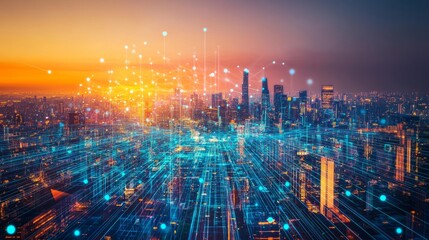 Fototapeta premium Sprawling cyber metropolis with dynamic holographic displays, luminescent technological structures, interconnected data streams forming a complex virtual ecosystem, sleek urban landscape of the future