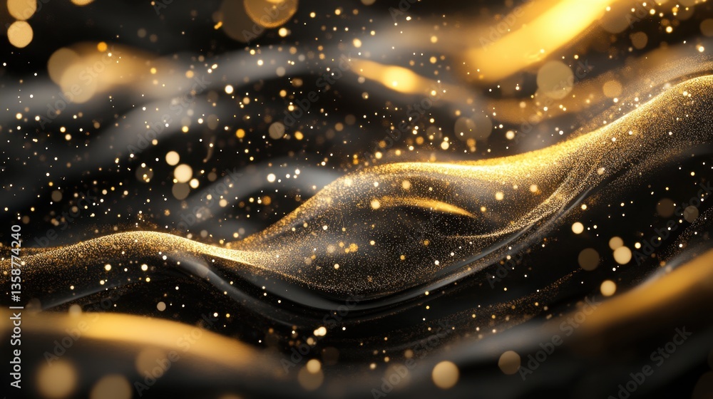 Aufkleber smooth golden waves flow over a black and white abstract background, enriched with shimmering light 