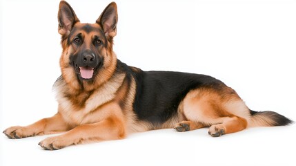 Happy German Shepherd Dog Lying on White Background