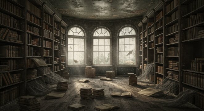 Abandoned Library Room with Dusty Books Cobwebs and Sunlight Through Windows