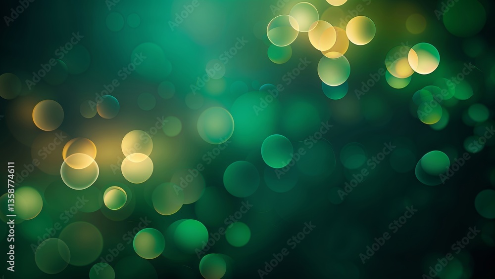 Poster bokeh effect with green and gold shades creating a soft and dreamy atmosphere in a blurred backgroun