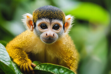 Obraz premium A curious golden-furred squirrel monkey peering from lush green foliage, its big eyes full of wonder, in a vibrant rainforest scene with soft focus.