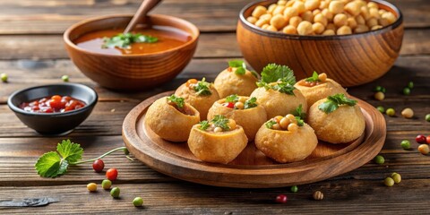 Pani Puri Filled with Chickpeas on Wooden Table, tamarind sauce, chickpea filling