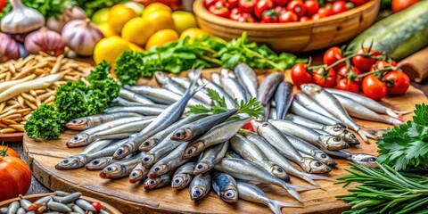 Fototapeta premium A vibrant display of small Mediterranean fish, including anchovies, arranged in a heap on a wooden counter, surrounded by fresh produce and herbs , food market, fishmonger