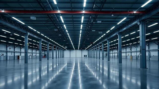 View of a large empty warehouse with rows of lights and support beams throughout the space