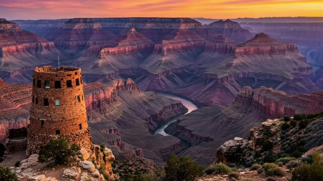 Grand canyon view with desert watchtower and colorado river at sunset landscape scenery nature
