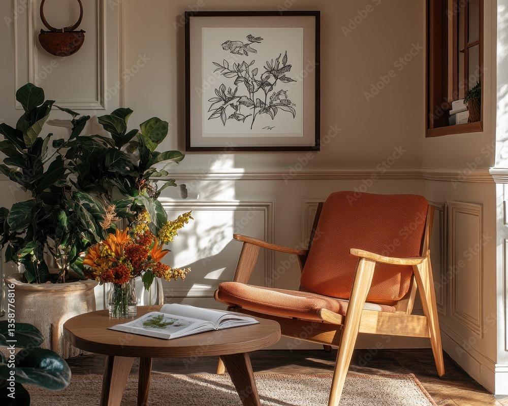 Poster a cozy room featuring a rustic wooden table paired with a matching chair, illuminated by soft natura
