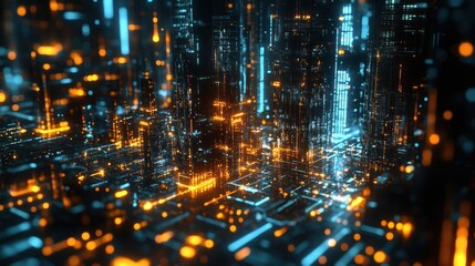 Fototapeta premium Futuristic city of glowing circuits. Abstract digital cityscape. Possible use Technology, science fiction, background