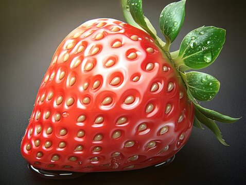 A perfectly ripe strawberry with its seeds gleaming in the light, and its vibrant red surface accentuated by a fresh green calyx. Tiny water droplets enhance its freshness. - Powered by Adobe