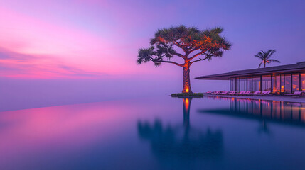 Serene sunset reflection over an infinity pool in a coastal paradise. The tranquil scene with vast empty space and modern design evokes infinite potentiality and the beauty of chaos.

