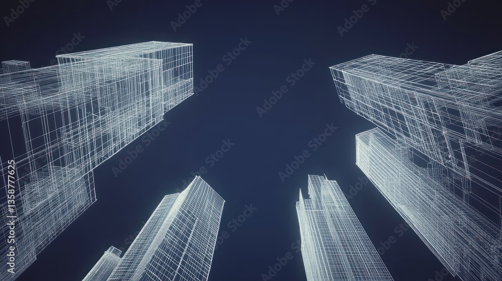 Poster abstract city architecture, wireframe buildings, looking up. possible use architecture, engineering,