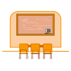 Classroom with screen and orange chairs in flat style