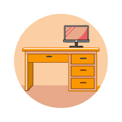 Work desk with computer monitor in orange round background