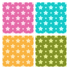 set of four seamless patterns with repeating stars on colored backgrounds. Perfect for kids designs, backgrounds, or wrapping paper.