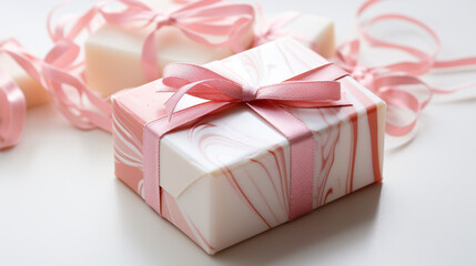 Beautiful handmade gift soap wrapped in shiny pink and white packaging on a clean white background, perfect for beauty and skincare product presentations.


