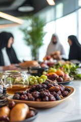  A group of Muslim business partners share iftar in a modern office lounge. The table is neatly set with dates, fruits, and a pot of tea