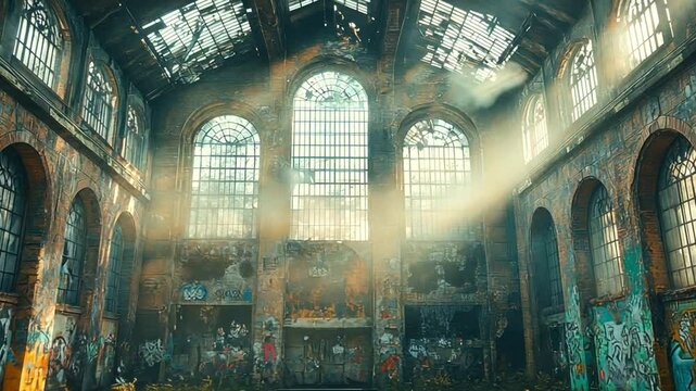 Echoes of Decay: A striking interior shot of an abandoned industrial building, where the remnants of the structure are bathed in a dramatic play of light. 