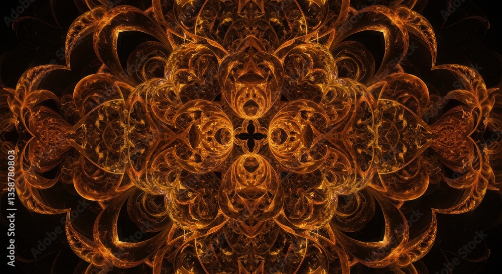 Poster intricate golden fractal design ornate swirls and symmetrical pattern abstract art background