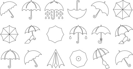 Umbrella outline icon set featuring various open, closed, and dripping umbrellas in a minimal line art style. Perfect for weather, rain protection, monsoon, and graphic design concepts