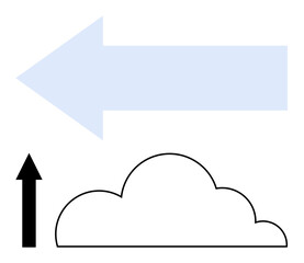 Upward black arrow under outlined cloud and large blue backward-facing arrow. Ideal for growth, change, weather, innovation, data movement, digital transformation, direction. Flat simple metaphor