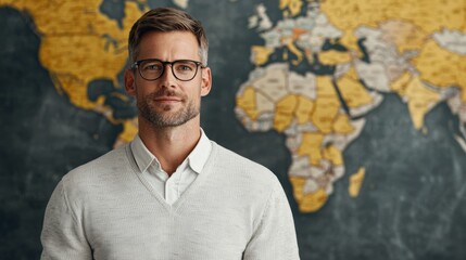 Global business leader portrait modern office professional image bright environment eye level leadership and innovation concept