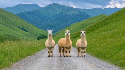 Naklejka premium Three Alpacas on a Gravel Road Amidst Lush Green Hills and Mountains