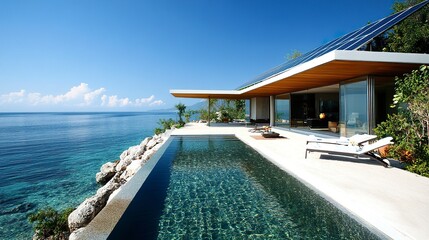 Fototapeta premium Luxury modern house featuring solar panels on the slanted roof minimalist architecture pool with crystal-clear water tranquil ambiance. 