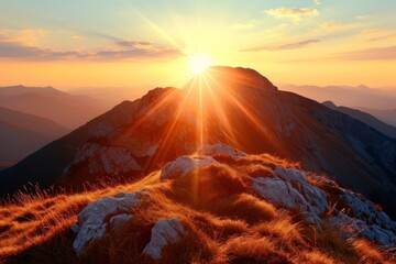 Photo of sunset behind a mountain sunlight sky landscape.