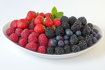 A vibrant summer bounty of fresh strawberries, raspberries, blackberries, and blueberries arranged on a pristine white plate, bathed in soft, natural light.