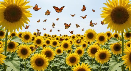 Vibrant Sunflower Field with Monarch Butterflies Flying Summer Nature Scene