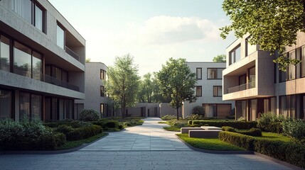 Obraz premium Mid-century German apartment block with clean architectural symmetry, large windows, and manicured communal gardens calm suburban feel. 