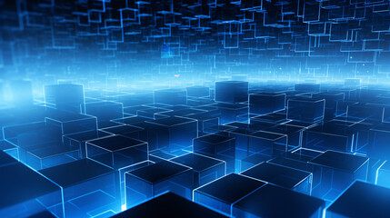 Fototapeta premium In a dark blue virtual space, numerous blue and white elements create a high-tech wallpaper.