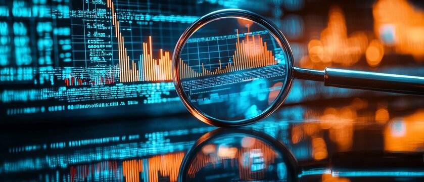 Analyzing financial data with a magnifying glass.
