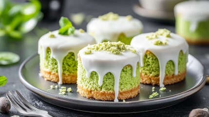 Mini Matcha Sponge Cakes with White Chocolate Drizzle on Plate